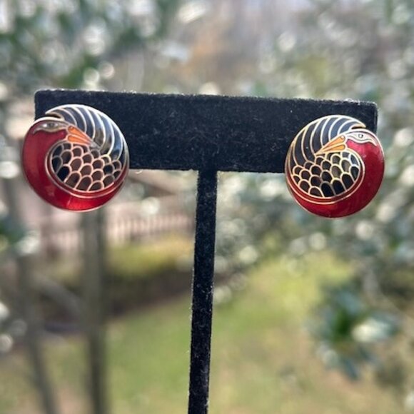 LAUREL BURCH “Minah Bird” Gold Red Black Enamel EARRINGS - Picture 2 of 7